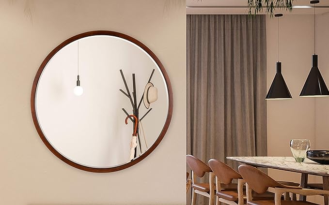 Kate and Laurel McLean Mid-Century Wood Framed Wall Mirror, 30 inch Diameter, Walnut Brown, Decorative Modern Round Mirror