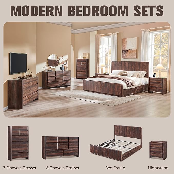 Modern 7 Drawers Dresser for Bedroom, 54.7" Tall Large Dresser & Chests of Drawers w/Rounded Corner, Wood Handleless Organizer Dresser w/Natural Texture for Bedroom, Living Room-Brown