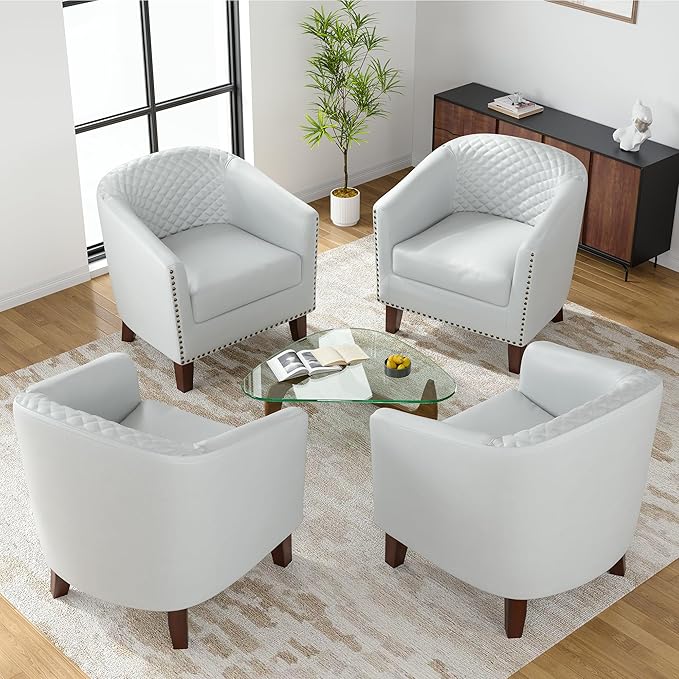 UIXE Faux Leather Barrel Accent Chairs Set of 4, Modern Club Upholstered Arm Chair, Comfy Armchair Nailed Trim Living Room Single Sofa Reading Seat Bedroom Side Sitting for Office, White