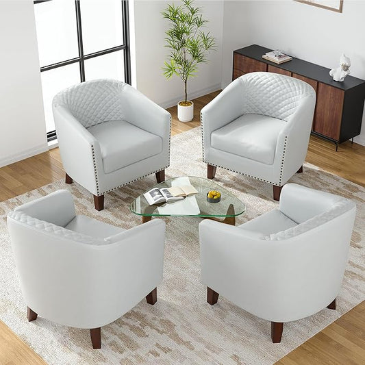 UIXE Faux Leather Barrel Accent Chairs Set of 4, Modern Club Upholstered Arm Chair, Comfy Armchair Nailed Trim Living Room Single Sofa Reading Seat Bedroom Side Sitting for Office, White