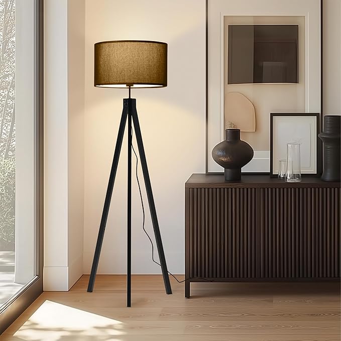 Brightech Eden Tripod LED Floor Lamp – Mid Century Dimmable Modern Light for Contemporary Living Rooms - Tall Free Standing Lamp with Solid Wood Legs for Bedroom, Office - Classic Black