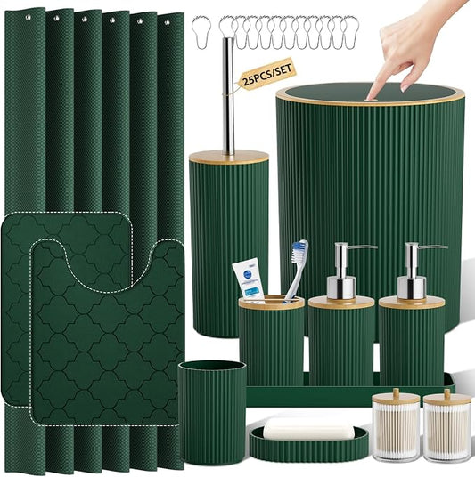 Dark Green Bathroom Accessory Set - Bathroom Sets, 25PC Bath Accessories Set, Bathroom Sets with Push Top Trash Can, Shower Curtain and Rugs, Toilet Brush, Trash Can & Soap Dispenser