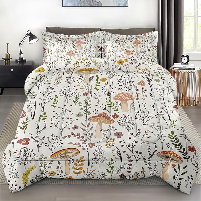 Comforter Set with 2 Pillowcases King Size, Cute Beige Forest Mushroom Daisy Flower, Bed Decor Boho Wildflower Plants Botanical Floral Leaf for Kids and Adults, Soft Cozy Bedroom Bedding Set