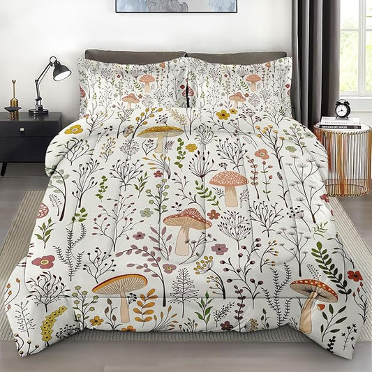 Comforter Set with 2 Pillowcases King Size, Cute Beige Forest Mushroom Daisy Flower, Bed Decor Boho Wildflower Plants Botanical Floral Leaf for Kids and Adults, Soft Cozy Bedroom Bedding Set