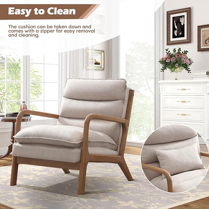 Mid Century Modern Accent Chair, Upholstered Lounge Armchair with Plump Back Pillow, Comfy Reading Chair with Solid Wood Frame for Bedroom Living Room Set of 2, Beige