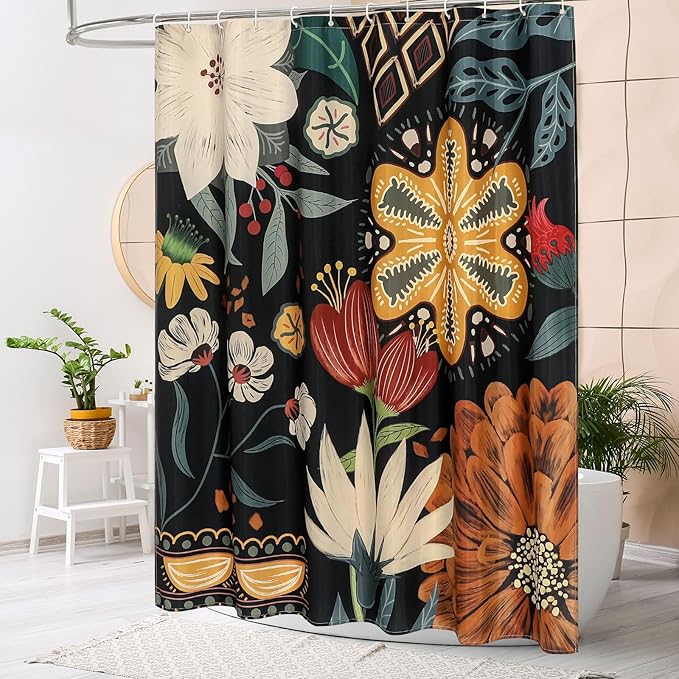 MitoVilla Boho Floral Shower Curtain, Spring Tropical Leaves Fabric Cloth Shower Curtains for Chic Elegant Bathroom Decor, Modern Farmhouse Abstract Colorful Flower Shower Curtain, 72x72
