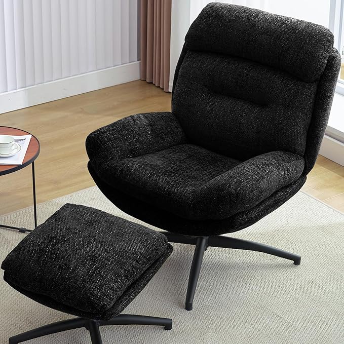 Swivel Accent Chair with Ottoman Set for Living Room, Modern Armchair with High Back, 360 Swivel, Tilt, Ergonomic, Black