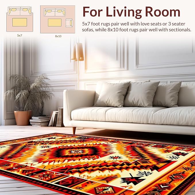Flatwoven High Traffic Area Rug 6x9, Vintage Aztec Adventure Rug, Non Slip, Stain Resistant, Washable Area Rugs for Living Room, Bedroom (Red, 6x9)