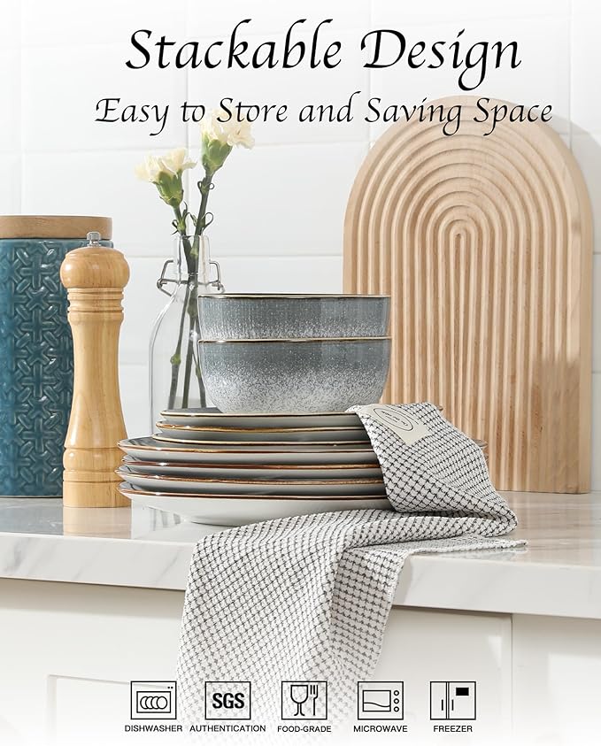 Sweejar 24 Piece Dinnerware Sets for 8, Porcelain Plates and Bowls Set for Kitchen, Housewaring Gift, Chip and Scratch Resistant, Easy Cleaning Dishes Set, Stack Compactly Dishware, LightGray