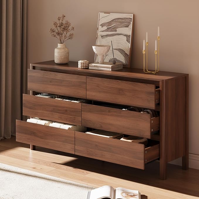 Walnut Dresser for Bedroom, 55.1" Wide Dresser with 6 Drawers and Hidden Handles, Modern Wood Chest of Drawers for Clothes and Accessories, Stylish Storage Cabinet for Living Room, Entryway