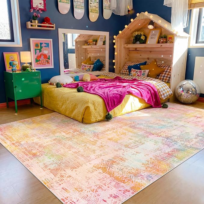 Kokia Abstract Area Rugs 9x12 Bedroom Washable Decor Low Pile Non-Slip Non-Shedding Indoor Pink Orange Carpet Foldable Stain Resistant Floor Mat Living Room Dining Room, Oslo Sunrise
