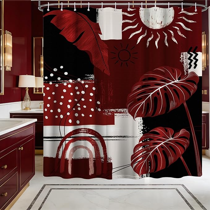 Extra Long Shower Curtain 96 Inchs Extra Tall Black and Red Mid Century Modern XL Boho Burgundy Shower Curtains for Large Bathroom Decor Sets, Waterproof Cloth Fabric with Hooks, 70 x 96 Inch