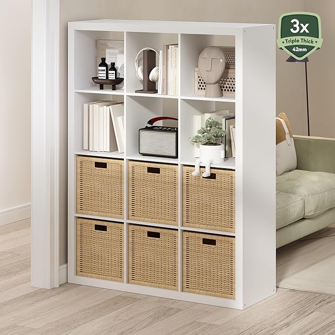 Furinno Cubicle Book Shelf, 12-Cube Bookshelf, Triple Thick Frame Cube Storage Organizer, 1.65" Thick Bookcase, 15.4" x 57.4" x 43.4", for Home Office, Living Room, Plain White