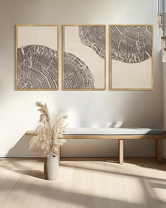 KUVIOKE Framed Tree Rings Wood Wall Art Modern Retro Beige Wood Stump Wall Decor Nature Rustic Art Print for Farmhouse Living Room Bedroom 24x36in (Natural Framed)