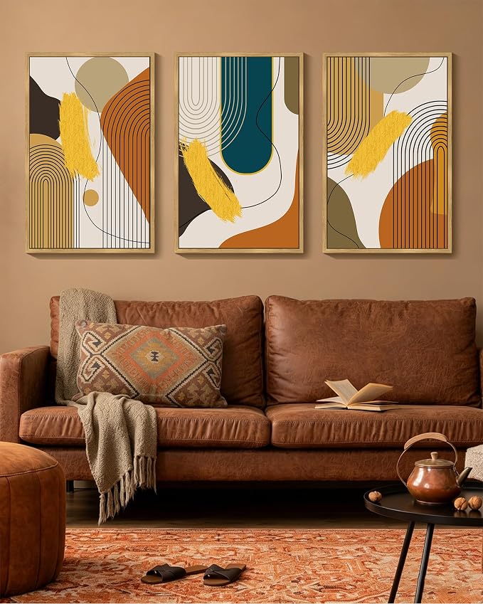 PHOPAGO 24x36in Large Boho Abstract Framed Wall Art Modern Minimalist Luxury Gold Line Artwork Kitchen Dining Room Decor Natural Framed