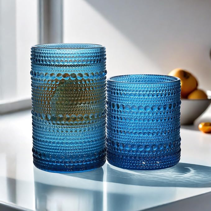 Vintage Hobnail Drinking Glass Set of 8 - 12 oz Highball & 10 oz Cocktail Tumblers for Whiskey, Juice, Milk