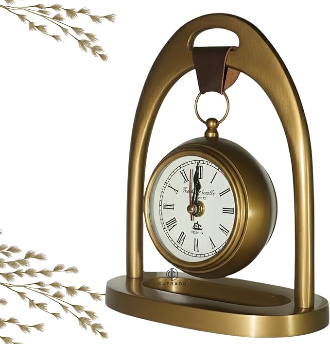 Antique Brass Table Clock with Leather Handle | Vintage Roman Numeral Dial, Decorative Mantel & Desk Clock | Elegant Home & Office Décor Gift