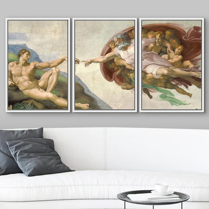 wall26 Framed Canvas Print Wall Art Set Creation of Adam by Michelangelo Cultural Historic Oil Painting Fine Art Reproduction Scenic Colorful for Living Room, Bedroom, Office - 24"x36"x3 White