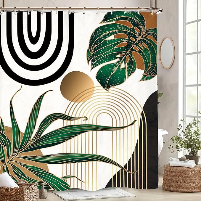 Miyotaa Emerald Green Abstract Shower Curtain Set 60Wx71H Inches Mid Century Minimalist Aesthetic Modern Contemporary Plant Tropical Polyester Waterproof Bathroom Curtain with 12 Hooks