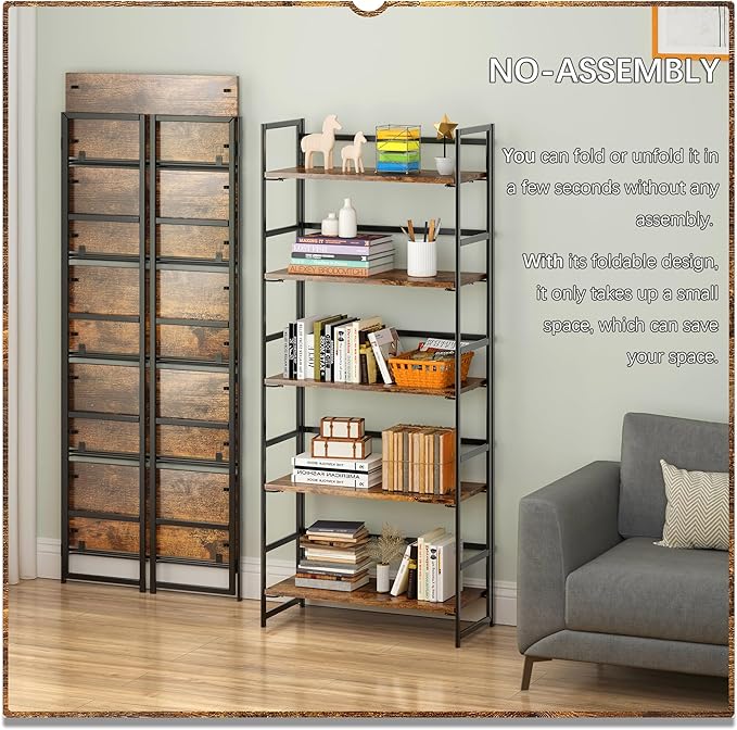4NM No Assembly 5 Tiers Collapsible Book Shelves, 51.2" H Folding Bookshelf Bookcase Open Industrial Foldable Shelves for Bedroom, Living Room, Home Office - Rustic Brown Black