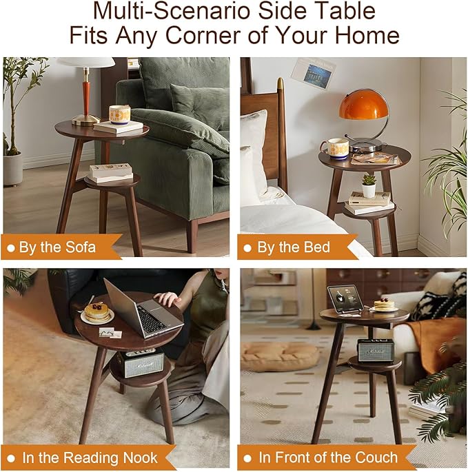 Side Table, Small Round End Table with 2-Tier Shelf, Solid Wood Nightstand for Small Spaces, Mid Century Modern Accent Table for Living Room Bedroom, Walnut