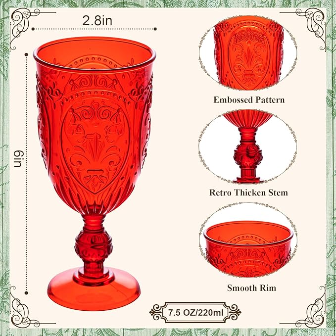 JLYLOL Plastic Wine Glasses 48Pcs Plastic Goblets 7.5oz Colored Retro Embossed Glassware Vintage Stemmed Drinking Cup Reusable Water Goblets for Wedding Reception Grand Event Party Bar,Whiskey (Red)