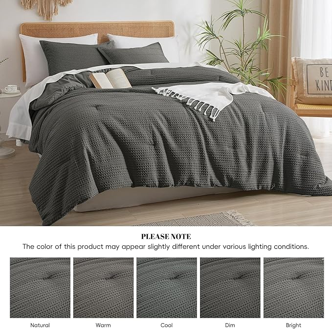PHF Soft Waffle Comforter Set Queen Size- Comfy Breathable Waffle Weave Comforter with 2 Pillow Shams, 3 Pieces Less Snagging Lightweight Textured Bedding Set for All Season, Grey