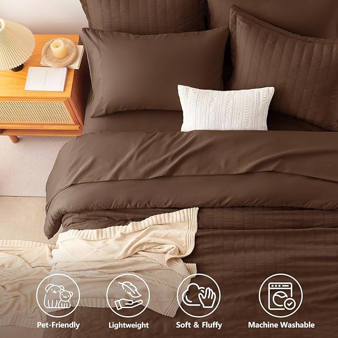 CozyLux Twin XL Comforter Set for College Dorm, 5 Pieces Brown Seersucker Twin Extra Long Bed in a Bag, Down Alternative Bedding Set with Comforter, Sheets, Pillowcase & Sham, Back to School Gift
