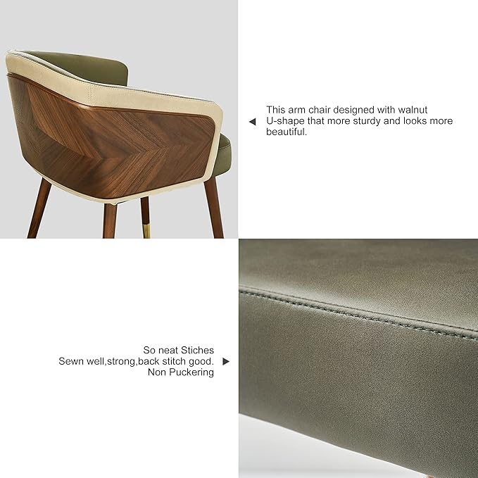 ARTPLAN Modern Upholsted Accent Dining Chairs Set of 2,Mid-Century Faux Leather with Walnut for Kitchen,Office Waiting Room Arm Sitting Chair, Beech Legs Dissassembly Adjustable Feet,Army Green
