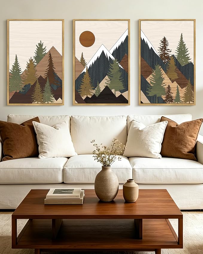 KUVIOKE Morden Mountains Framed Wall Art Boho Pine Tree Forest Nature Landscape Artwork Bohemain Farmhouse Rustic Bedroom Living Room Decor 24x36in (Natural Framed)