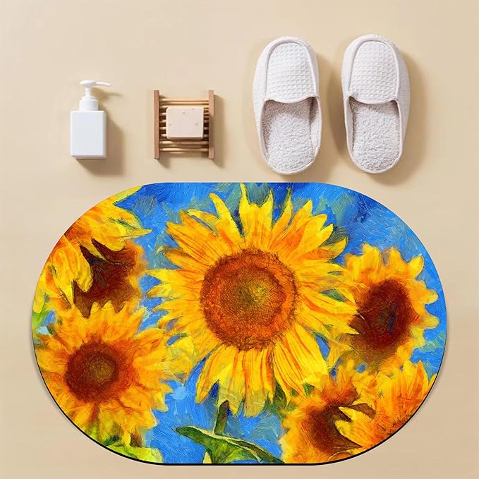 Abstract Sunflower Oval Bath Mat Diatomaceous Mud Mats with Rubber Backing Ultra Soft Washable 23.6"×15.7" Quick Dry Thin Bath Rugs for Bathroom Floor Bathtub Vanity Easy Care