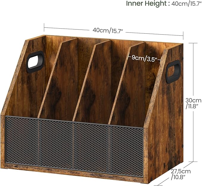 CHOEZON Wooden Desktop File Organizer with Removable Dividers, Mesh Front Panel for Paper, Mail, Magazine, Home Office Desk Storage, Easy Assembly, Rustic Brown MWJ06FG