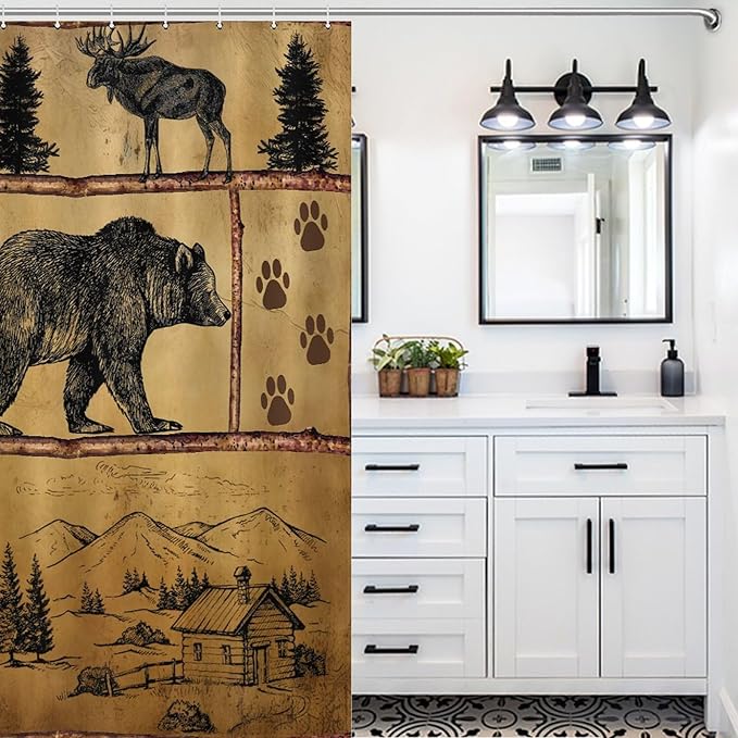 Rustic Cabin Vintage Bear Shower Curtain, Farmhouse Country Antique Bear Moose Forest Vintage Wood Camping Waterproof Shower Curtains for Bathroom Decor 12 Pack Hooks 55x72in（140x183cm）