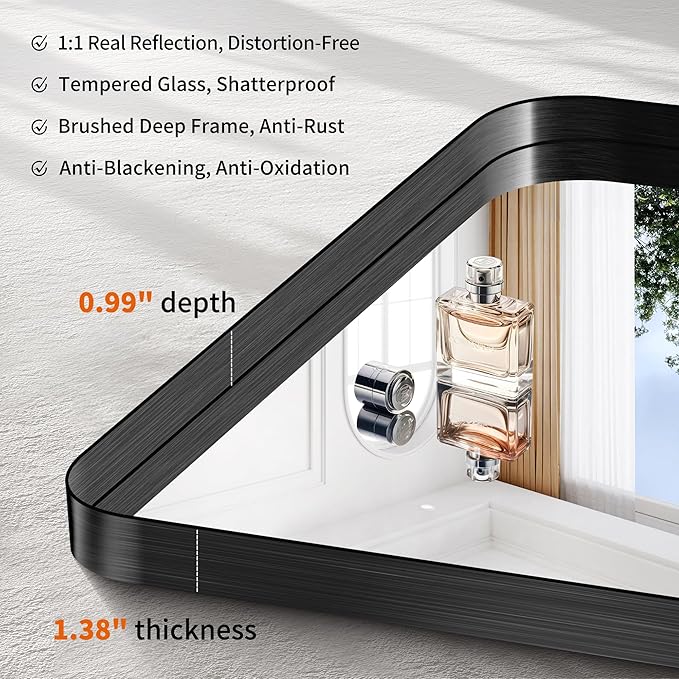 CIRCUMI Black Bathroom Mirror, 36"x50" Rectangular Mirror with Deep Metal Frame, Rounded Corner, Tempered Glass, Large Mirror for Wall, Over 2 Sinks, Installed Vertically/Horizontally, Crystal-Clear
