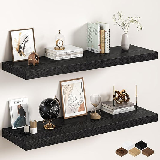 Black Floating Shelves 48Inch Long, 12 Inch Deep Floating Shelves for Wall, 48 x 12 Large Floating Shelf for Fireplace Mantel, 2" Thicked Rustic Wall Shelves for Living Room, Bedroom Storage, 2 Packs