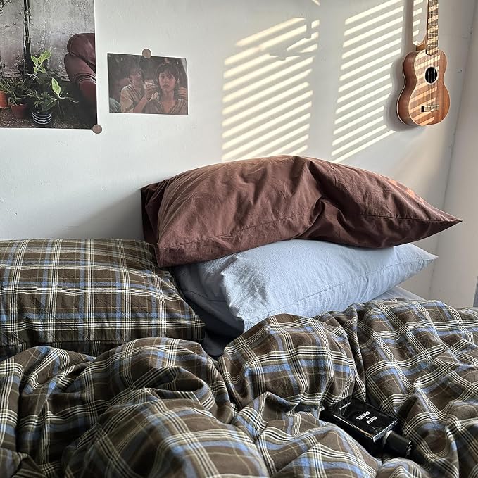 mixinni Vintage Buffalo Plaid Duvet Cover Set Queen Size - 3 Piece Washed Cotton Bedding Set with Grid Pattern, Soft & Breathable Duvet Cover with Pillowcases for All Seasons,(Brown & Blue,Beige)