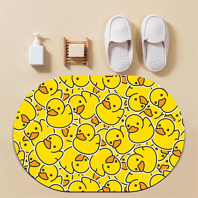 Oval Bath Mat Cute Cartoon Ducks Diatomaceous Mud Mats with Rubber Backing Ultra Soft Washable 23.6"×15.7" Quick Dry Thin Bath Rugs for Bathroom Floor Bathtub Vanity Easy Care