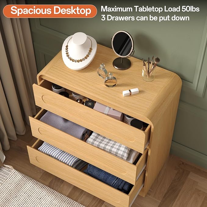 3 Drawer Dresser with Pre-Installed Slides, 32" Wide Modern Wood Chest of Drawers, Compact Storage Dresser for Bedroom Hallway Closet, Natural Oak