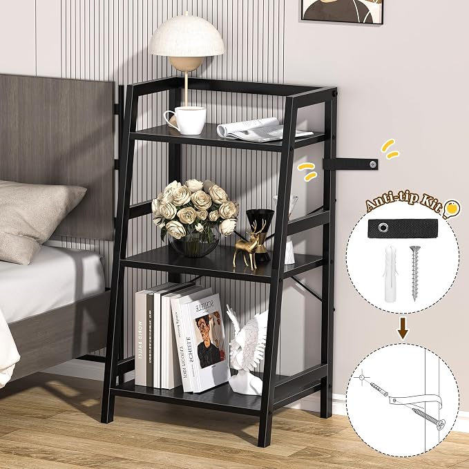 3-Tier Bookshelf, Ladder Shelf, Stand up Shelves, Industrial Bookcase with Steel Frame, Metal Small Bookcase, for Living Room, Home Office, Kitchen, Bedroom, Industrial Style（Black）