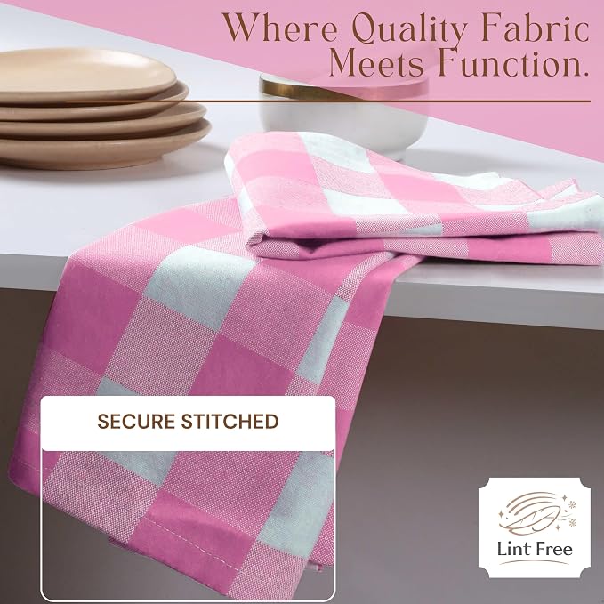 Buffalo Check 4 Pack Kitchen Towels, 16"x26", Plaid Dish Towels, 100% Cotton, Absorbent, Washable, Everyday Kitchen Essentials, Soft Cloths for Cleaning, Drying Hands, Pink White