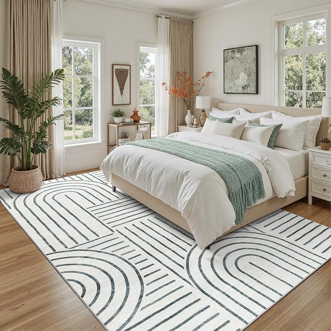 DCX Abstract Machine Washable 5x7 Rug, Gray Modern Accent Rug for Living Room, Soft Low Pile Non Slip Carpet, Kid & Pet Friendly Stain Resistant Rug for Bedroom Dining Room Office