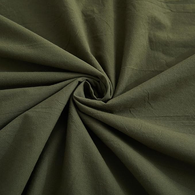LOVQUE Olive Green Cotton Duvet Cover Queen Size, Linen Like Natural Bedding Set with Zipper Closure (No Comforter), 90x90 Inches