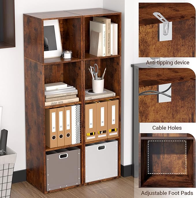 4 Cube Storage Organizer, 4 Tier Cube Low Bookcase Freestanding Storage Display Organizer, Four-Cubes Open Shelf Bookshelf for Home Office (Retro Brown, 4-Cube)