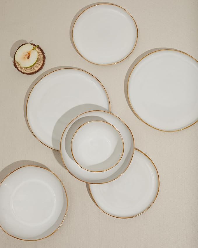 Pokini 24 Pieces Dinnerware Set for 6 with Pasta Bowls, Complete Ceramic Dish Set, Stackable & Glossy Stoneware Plate and Bowl Set for Effortless Everyday Hosting, White