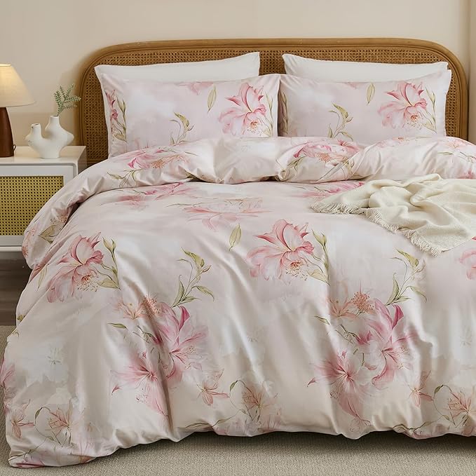 100% Cotton Duvet Cover King Size – Elegant Blush Lily Pink Floral Duvet Cover Set with Zipper Closure, 3-Piece Soft Breathable Natural Cotton Bedding Set for All Seasons