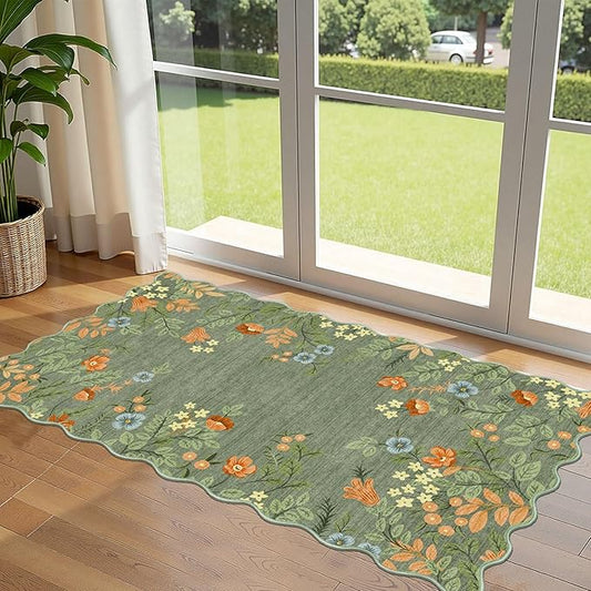 Front Door Mat Indoor Entrance - 2x4.3 Ft Sage Green Floral Washable Layered Doormat Outdoor Entrance Porch Rug Non-Slip Boho Runner Rug for Kitchen Hallway Bedroom Laundry Room Porch Decor