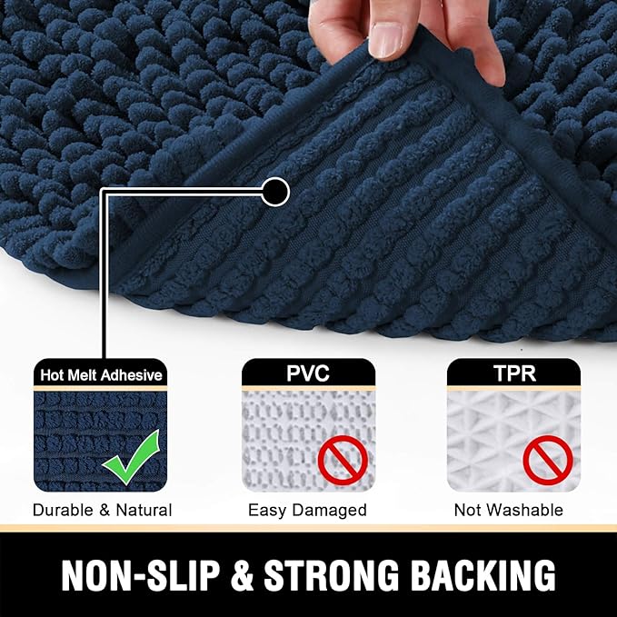 H.VERSAILTEX Bath Mats - Non Slip Luxury Chenille Bathroom Rugs, Extra Soft Absorbent Shaggy, Washable Fast Dry 2 Piece (Navy, 20" x 32"/17" x 24")