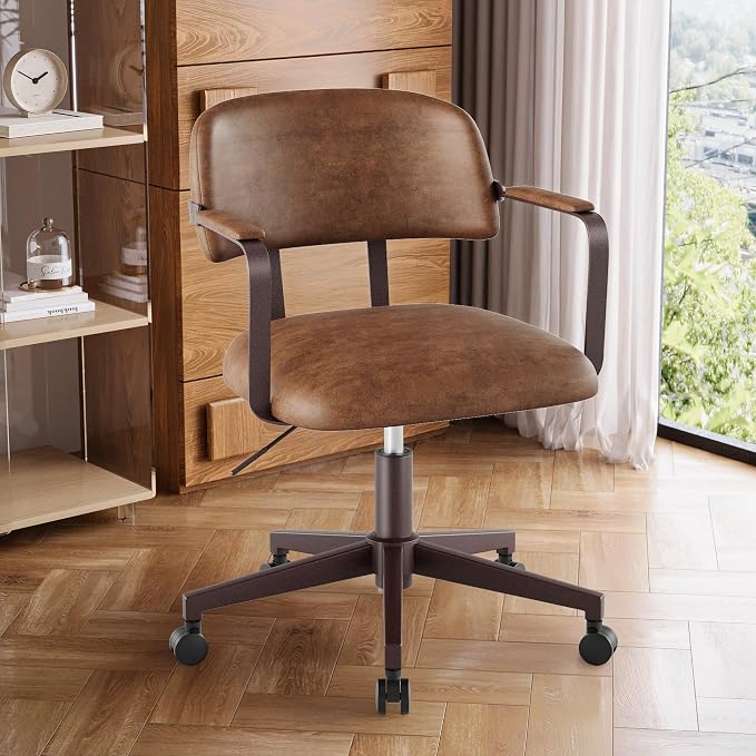 Home Office Desk Chair, Mid-Century Modern Desk Chair with Padded Arms, Adjustable Seat Height, Mid Back 360° Small Computer Chair with Mobile Mute Wheel, PU Leather (Brown)