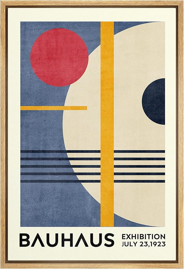 MUDECOR Framed Canvas Print Wall Art Red & Blue Bauhaus Geometric Display Abstract Shapes Illustrations Fine Art Mid-Century Modern Multicolor for Living Room, Bedroom, Office - 16"x24" Natural