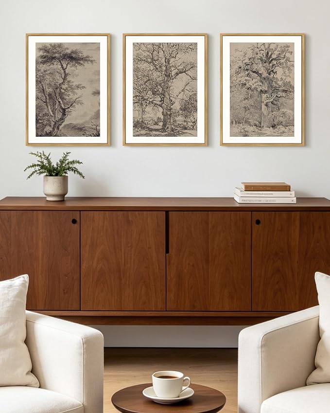 KUVIOKE Vintage Tree Framed Wall Art Retro Antique Forest Drawings Nature Wilderness Sketch Wall Painting Modern Decor 12x16in (Natural Framed)